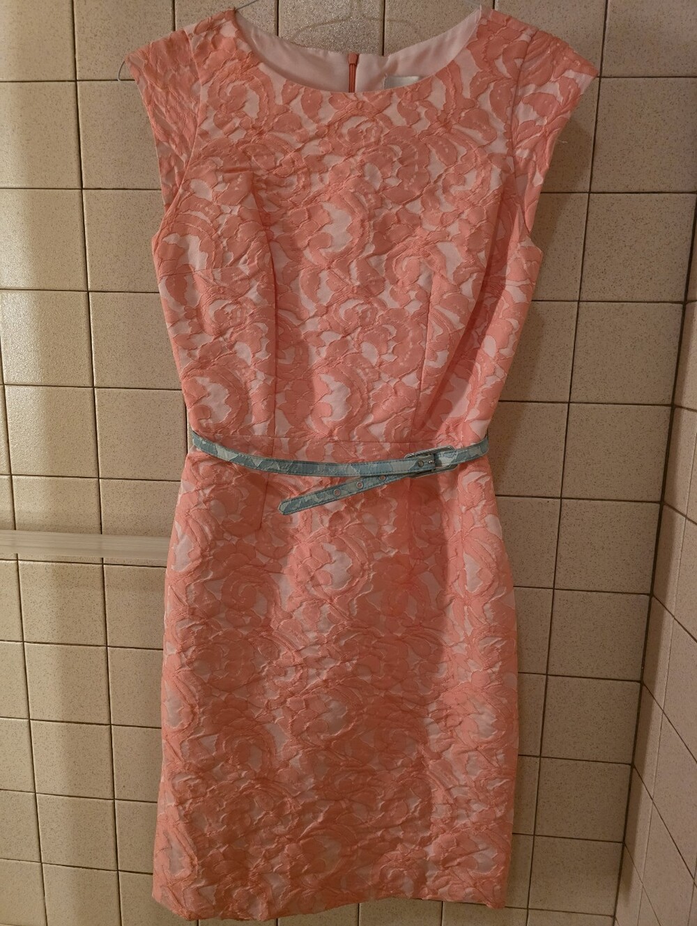 Coral Lace Midi Dress with Detachable Belt